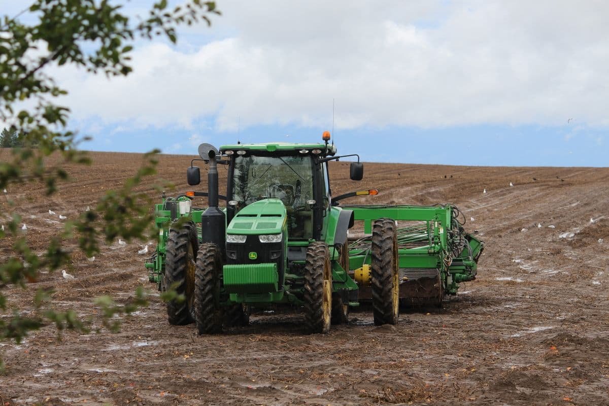 A green tractor working a ploughed field